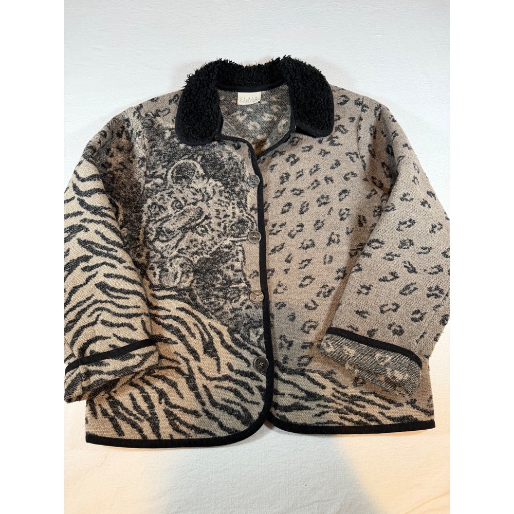 Cedar Canyon Animal Print Jacket Mixed Leopard Zebra Sherpa Collar Tan Black